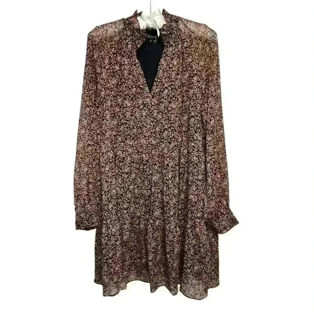 1.STATE Floral Print Long Sleeve Tiered Smock Swing  BOHO Bohemian Dress, size M